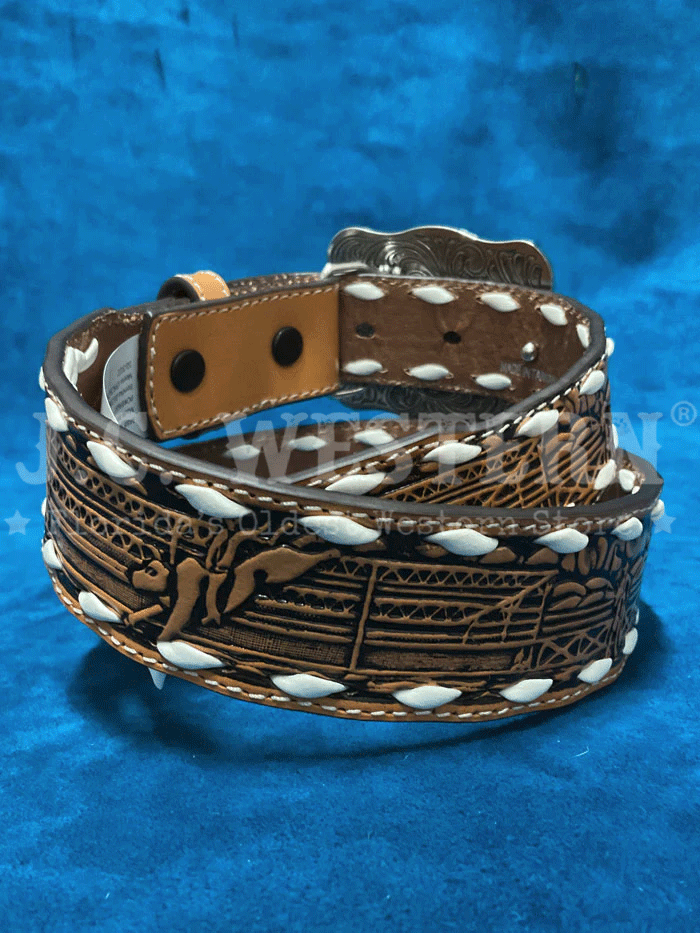 3D D120002908 Kids Floral Embossed White Lacing Belt Tan front view. If you need any assistance with this item or the purchase of this item please call us at five six one seven four eight eight eight zero one Monday through Saturday 10:00a.m EST to 8:00 p.m EST