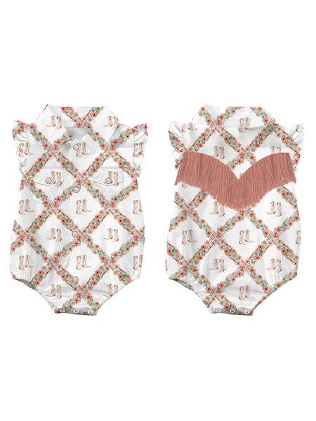 Shea Baby WRSB10 Kids Floral Boot Onesie Shirt With Fringe White front and back onesie. If you need any assistance with this item or the purchase of this item please call us at five six one seven four eight eight eight zero one Monday through Saturday 10:00a.m EST to 8:00 p.m EST