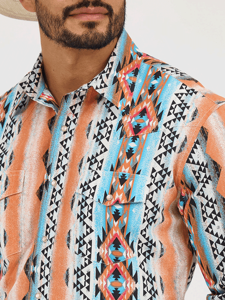Wrangler 112365887 Mens Checotah Long Sleeve Western Snap Shirt Orange Bowl front close up. If you need any assistance with this item or the purchase of this item please call us at five six one seven four eight eight eight zero one Monday through Saturday 10:00a.m EST to 8:00 p.m EST