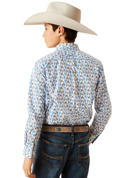 riat 10047296 Kids Peerce Classic Fit Shirt Blue back view. If you need any assistance with this item or the purchase of this item please call us at five six one seven four eight eight eight zero one Monday through Saturday 10:00a.m EST to 8:00 p.m EST