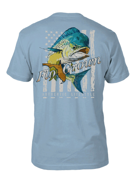 FloGrown FGM-1907 Mens Mahi Mahi Jump Tee Light Blue back view. If you need any assistance with this item or the purchase of this item please call us at five six one seven four eight eight eight zero one Monday through Saturday 10:00a.m EST to 8:00 p.m EST