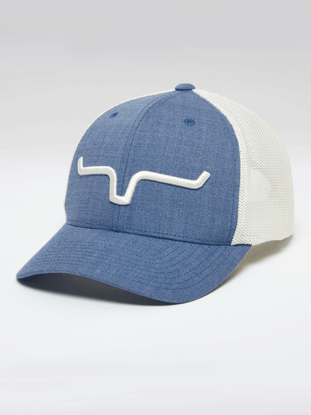 Kimes Ranch UPGRADE WEEKLY 110 Mesh Back Cap Ivory Light Blue front and side view. If you need any assistance with this item or the purchase of this item please call us at five six one seven four eight eight eight zero one Monday through Saturday 10:00a.m EST to 8:00 p.m EST