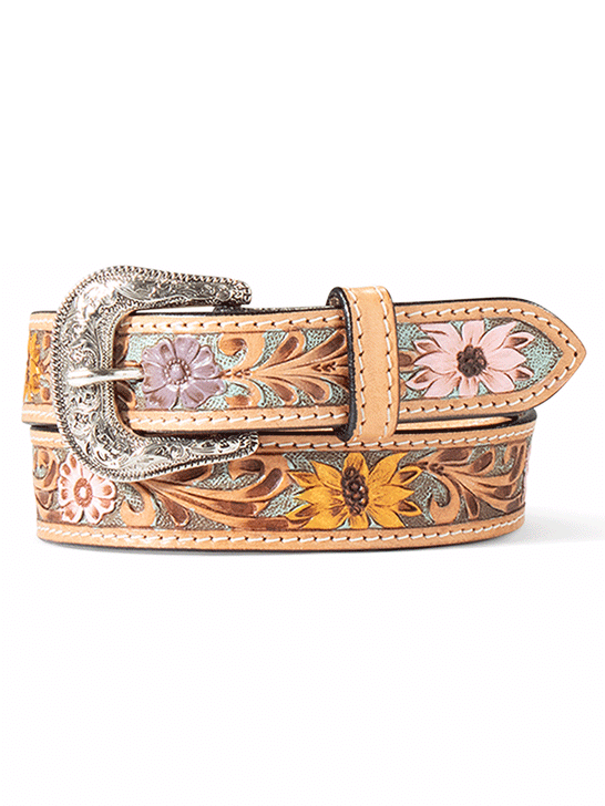 Ariat A1307797 Kids Sunflower Daisy Hand Tooled Belt Multicolored Tan front view. If you need any assistance with this item or the purchase of this item please call us at five six one seven four eight eight eight zero one Monday through Saturday 10:00a.m EST to 8:00 p.m EST