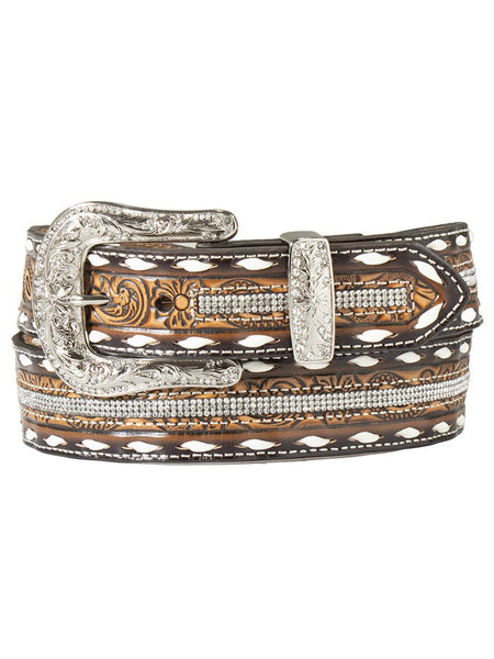 Angel Ranch D140005808 Womens Floral Embossed Crystal Enlay Belt Tan front view. If you need any assistance with this item or the purchase of this item please call us at five six one seven four eight eight eight zero one Monday through Saturday 10:00a.m EST to 8:00 p.m EST