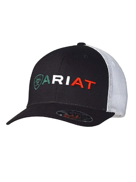 Ariat A300013901 Kids Embroidered Mexican Flag Logo Cap Black front and side view. If you need any assistance with this item or the purchase of this item please call us at five six one seven four eight eight eight zero one Monday through Saturday 10:00a.m EST to 8:00 p.m EST