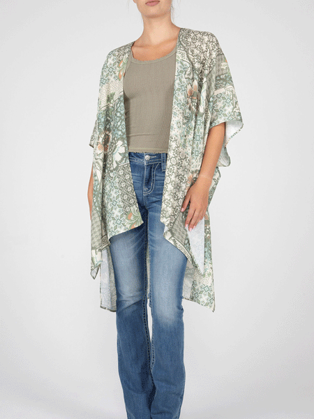 Miss Me MJ0638S Womens Floral Print Kimono With Crochet Trim Green alternate front view. If you need any assistance with this item or the purchase of this item please call us at five six one seven four eight eight eight zero one Monday through Saturday 10:00a.m EST to 8:00 p.m EST