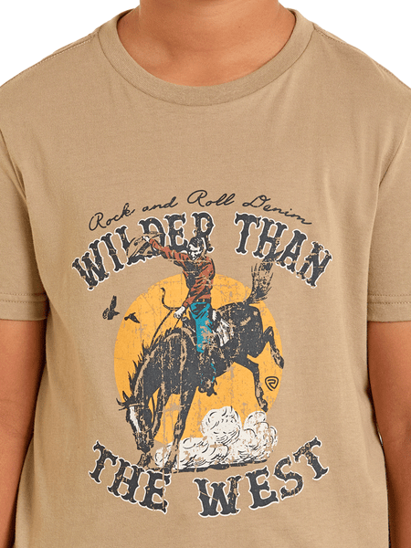 Rock & Roll Denim BB21T06785 Kids Bronco Rider Graphic Tee Taupe back view. If you need any assistance with this item or the purchase of this item please call us at five six one seven four eight eight eight zero one Monday through Saturday 10:00a.m EST to 8:00 p.m EST