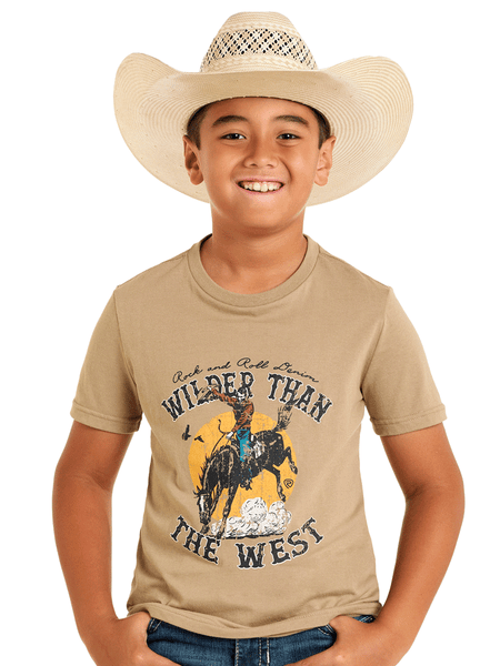 Rock & Roll Denim BB21T06785 Kids Bronco Rider Graphic Tee Taupe front view. If you need any assistance with this item or the purchase of this item please call us at five six one seven four eight eight eight zero one Monday through Saturday 10:00a.m EST to 8:00 p.m EST