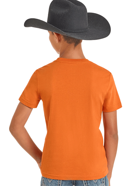 Child wearing an orange t-shirt and black cowboy hat on a white background back view. If you need any assistance with this item or the purchase of this item please call us at five six one seven four eight eight eight zero one Monday through Saturday 10:00a.m EST to 8:00 p.m EST
