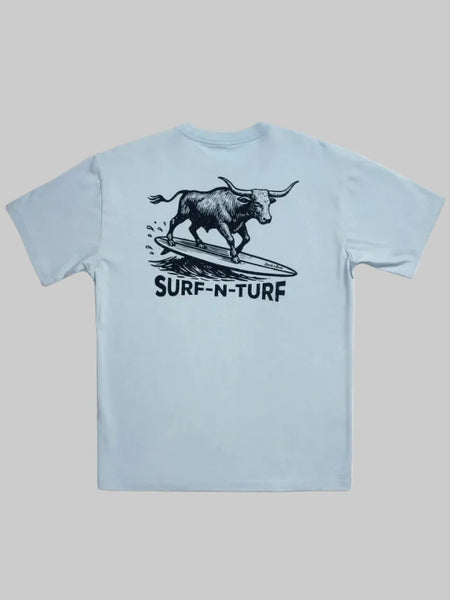 Beach & Barn SURF N TURF Short Sleeve T-Shirt Chambray back view. If you need any assistance with this item or the purchase of this item please call us at five six one seven four eight eight eight zero one Monday through Saturday 10:00a.m EST to 8:00 p.m EST