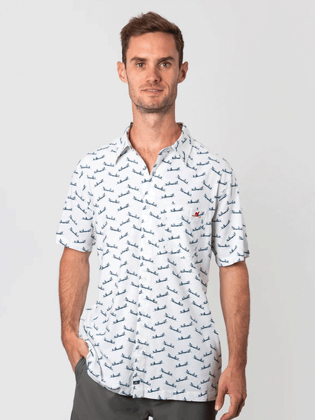 Beach & Barn FUN RUN Mens Short Sleeve Sport Shirt Natural Navy front view. If you need any assistance with this item or the purchase of this item please call us at five six one seven four eight eight eight zero one Monday through Saturday 10:00a.m EST to 8:00 p.m EST