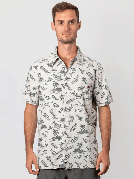 Beach & Barn FISH ISLANDS Mens Short Sleeve Sport Shirt Cream front view. If you need any assistance with this item or the purchase of this item please call us at five six one seven four eight eight eight zero one Monday through Saturday 10:00a.m EST to 8:00 p.m EST