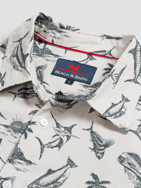 Beach & Barn FISH ISLANDS Mens Short Sleeve Sport Shirt Cream close up. If you need any assistance with this item or the purchase of this item please call us at five six one seven four eight eight eight zero one Monday through Saturday 10:00a.m EST to 8:00 p.m EST