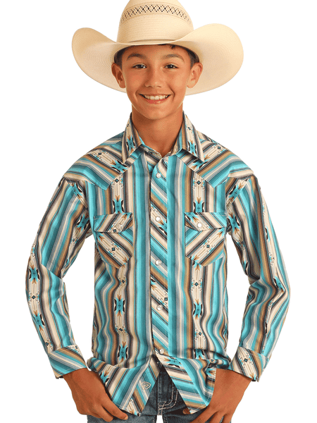 Rock & Roll Denim BBN2S05855 Kids Long Sleeve Aztec Print Shirt Turquoise front view. If you need any assistance with this item or the purchase of this item please call us at five six one seven four eight eight eight zero one Monday through Saturday 10:00a.m EST to 8:00 p.m EST