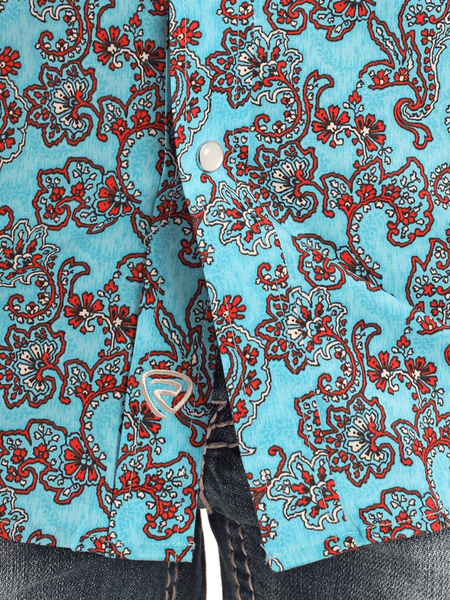 Rock & Roll Denim BBN3S05865 Kids Short Sleeve Paisley Print Western Shirt Blue front close up. If you need any assistance with this item or the purchase of this item please call us at five six one seven four eight eight eight zero one Monday through Saturday 10:00a.m EST to 8:00 p.m EST