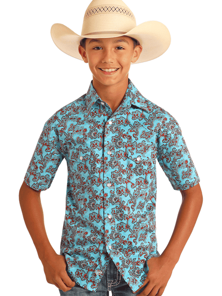 Rock & Roll Denim BBN3S05865 Kids Short Sleeve Paisley Print Western Shirt Blue front view. If you need any assistance with this item or the purchase of this item please call us at five six one seven four eight eight eight zero one Monday through Saturday 10:00a.m EST to 8:00 p.m EST