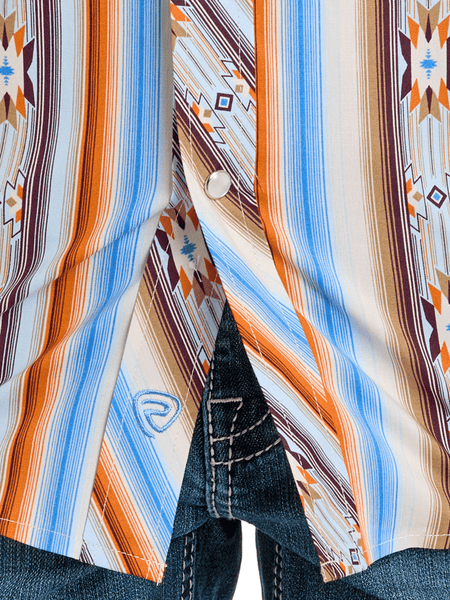 Rock & Roll Denim BBN3S06498 Kids Short Sleeve Stripe Aztec Print Shirt Orange front close up. If you need any assistance with this item or the purchase of this item please call us at five six one seven four eight eight eight zero one Monday through Saturday 10:00a.m EST to 8:00 p.m EST
