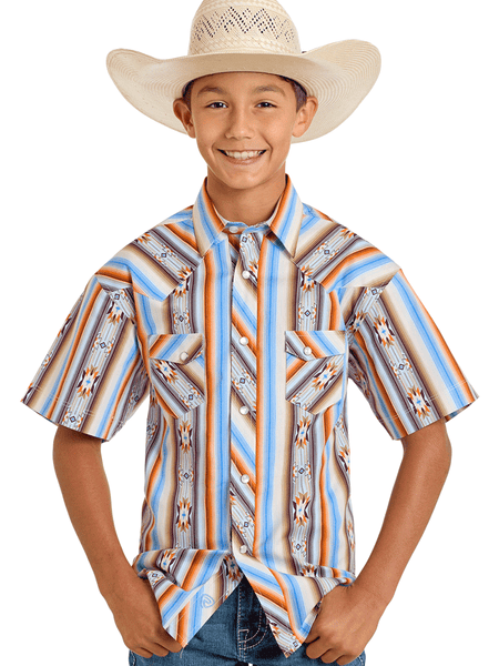 Rock & Roll Denim BBN3S06498 Kids Short Sleeve Stripe Aztec Print Shirt Orange front view. If you need any assistance with this item or the purchase of this item please call us at five six one seven four eight eight eight zero one Monday through Saturday 10:00a.m EST to 8:00 p.m EST