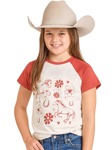 Young girl wearing a cowboy hat and a t-shirt with horse and floral designs on a white background front view. If you need any assistance with this item or the purchase of this item please call us at five six one seven four eight eight eight zero one Monday through Saturday 10:00a.m EST to 8:00 p.m EST