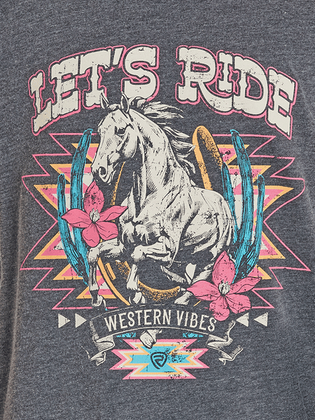 Rock & Roll Denim BG21T08545 Girls Short Sleeve Graphic Tee Black close up. If you need any assistance with this item or the purchase of this item please call us at five six one seven four eight eight eight zero one Monday through Saturday 10:00a.m EST to 8:00 p.m EST