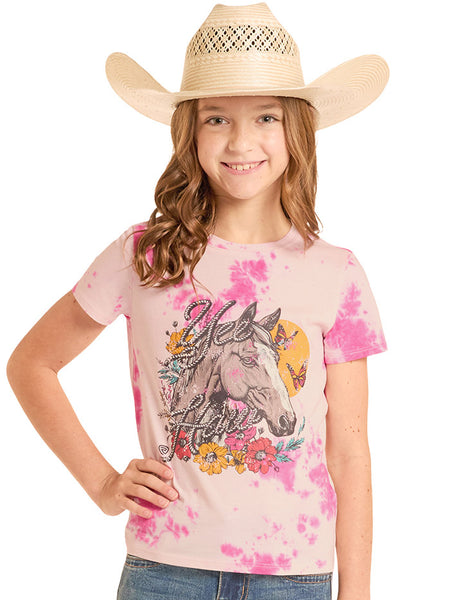 Rock & Roll Denim BG21T09152 Girls Tie Die Graphic Tee Fuchsia front view. If you need any assistance with this item or the purchase of this item please call us at five six one seven four eight eight eight zero one Monday through Saturday 10:00a.m EST to 8:00 p.m EST