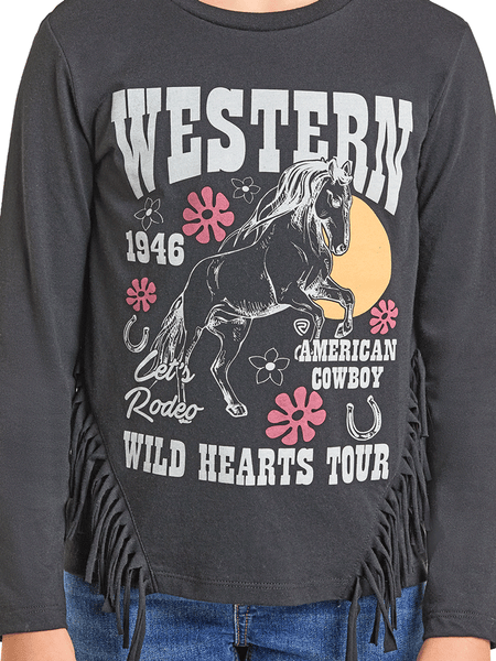 Rock & Roll Denim BG22T07429 Kids Long Sleeve Graphic Tee With Fringe Black close up. If you need any assistance with this item or the purchase of this item please call us at five six one seven four eight eight eight zero one Monday through Saturday 10:00a.m EST to 8:00 p.m EST