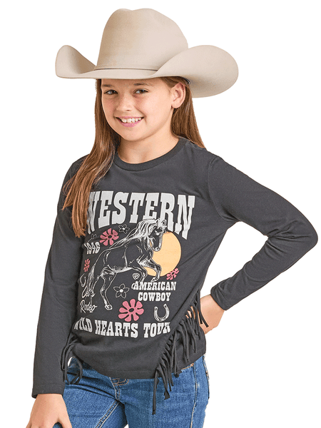 Rock & Roll Denim BG22T07429 Kids Long Sleeve Graphic Tee With Fringe Black front view. If you need any assistance with this item or the purchase of this item please call us at five six one seven four eight eight eight zero one Monday through Saturday 10:00a.m EST to 8:00 p.m EST