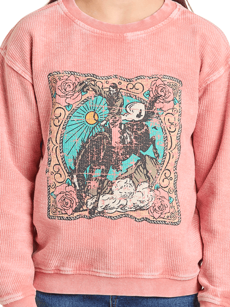 Pink sweatshirt with a graphic design of a person on a horse with decorative elements close up view. If you need any assistance with this item or the purchase of this item please call us at five six one seven four eight eight eight zero one Monday through Saturday 10:00a.m EST to 8:00 p.m EST