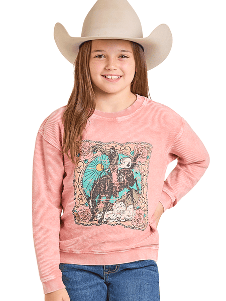 Young girl wearing a pink sweatshirt with a graphic design and a cowboy hat on a white background front view. If you need any assistance with this item or the purchase of this item please call us at five six one seven four eight eight eight zero one Monday through Saturday 10:00a.m EST to 8:00 p.m EST