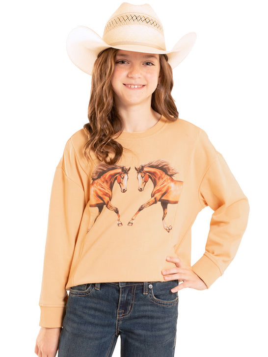 Rock & Roll Denim BG91T08105 Kids Horse Graphic Pullover Tan front view. If you need any assistance with this item or the purchase of this item please call us at five six one seven four eight eight eight zero one Monday through Saturday 10:00a.m EST to 8:00 p.m EST