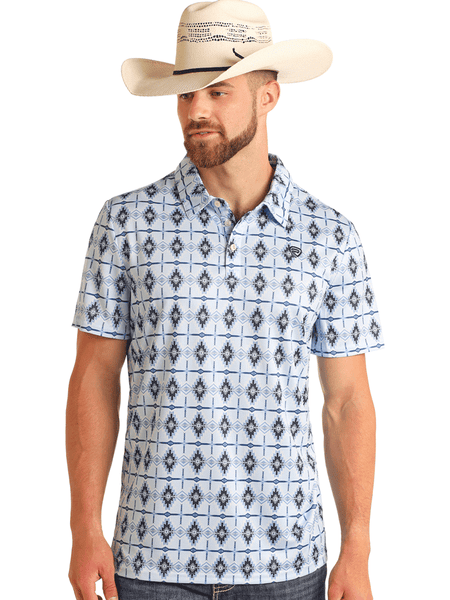 Rock & Roll Denim BM51T05992 Mens Aztec Printed Polo Baby Blue front view. If you need any assistance with this item or the purchase of this item please call us at five six one seven four eight eight eight zero one Monday through Saturday 10:00a.m EST to 8:00 p.m EST