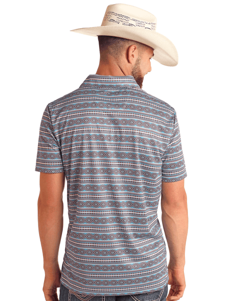 Rock & Roll Denim BM51T05995 Mens Aztec Printed Polo Blue back view. If you need any assistance with this item or the purchase of this item please call us at five six one seven four eight eight eight zero one Monday through Saturday 10:00a.m EST to 8:00 p.m EST