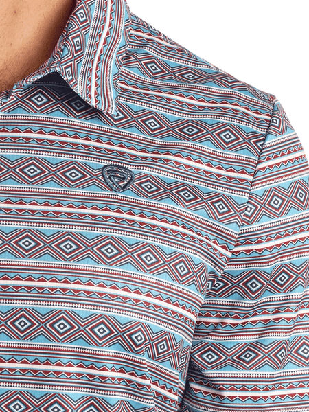 Rock & Roll Denim BM51T05995 Mens Aztec Printed Polo Blue front close up view. If you need any assistance with this item or the purchase of this item please call us at five six one seven four eight eight eight zero one Monday through Saturday 10:00a.m EST to 8:00 p.m EST