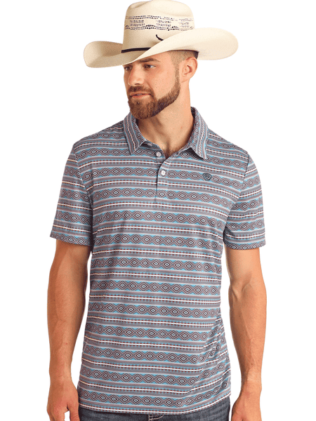 Rock & Roll Denim BM51T05995 Mens Aztec Printed Polo Blue front view. If you need any assistance with this item or the purchase of this item please call us at five six one seven four eight eight eight zero one Monday through Saturday 10:00a.m EST to 8:00 p.m EST