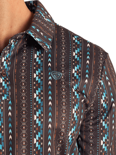 Rock & Roll Denim BM51T06006 Mens Aztec Printed Polo Shirt Dark Brown front close up. If you need any assistance with this item or the purchase of this item please call us at five six one seven four eight eight eight zero one Monday through Saturday 10:00a.m EST to 8:00 p.m EST