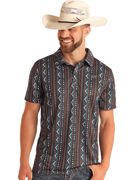 Rock & Roll Denim BM51T06006 Mens Aztec Printed Polo Shirt Dark Brown front view. If you need any assistance with this item or the purchase of this item please call us at five six one seven four eight eight eight zero one Monday through Saturday 10:00a.m EST to 8:00 p.m EST