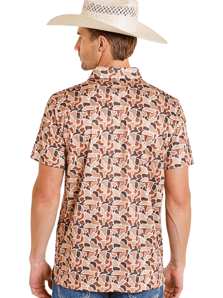Rock & Roll Denim BM51T08354 Mens Camo Printed Mesh Polo Camel Tan back view. If you need any assistance with this item or the purchase of this item please call us at five six one seven four eight eight eight zero one Monday through Saturday 10:00a.m EST to 8:00 p.m EST
