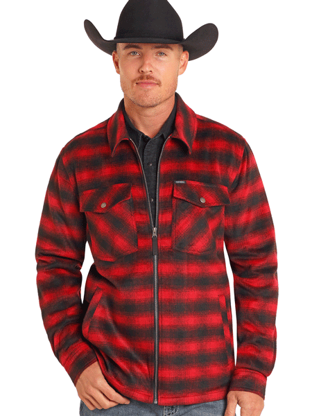 Rock & Roll Denim BM92C04325 Mens Full Zip Plaid Shirt Jacket Red front view. If you need any assistance with this item or the purchase of this item please call us at five six one seven four eight eight eight zero one Monday through Saturday 10:00a.m EST to 8:00 p.m EST