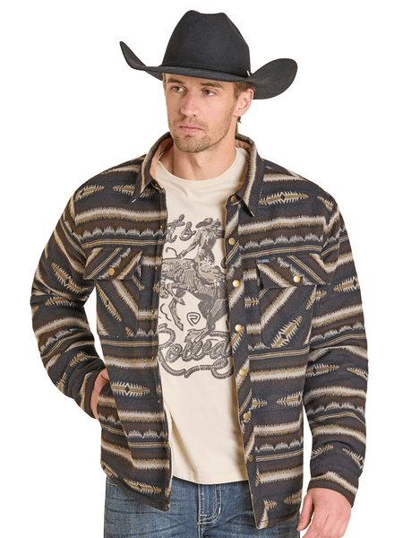Rock & Roll Denim BM92C06729 Mens Aztec Shirt Jacket Dark Brown front view. If you need any assistance with this item or the purchase of this item please call us at five six one seven four eight eight eight zero one Monday through Saturday 10:00a.m EST to 8:00 p.m EST