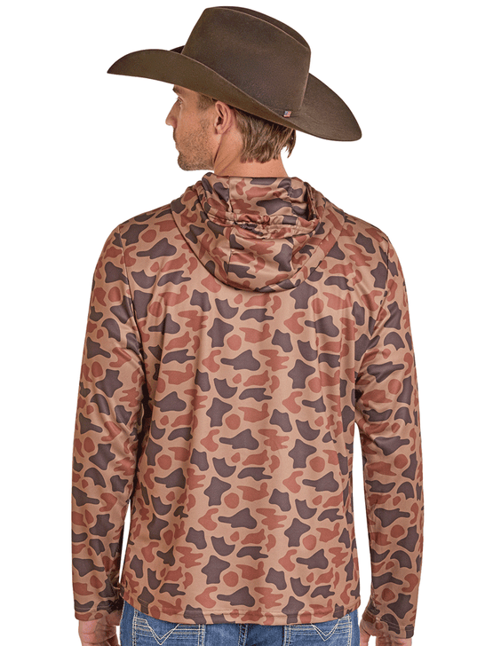 Rock & Roll Denim BM94T07700 Mens Camo Printed Performance Mesh Hoodie Copper back view. If you need any assistance with this item or the purchase of this item please call us at five six one seven four eight eight eight zero one Monday through Saturday 10:00a.m EST to 8:00 p.m EST