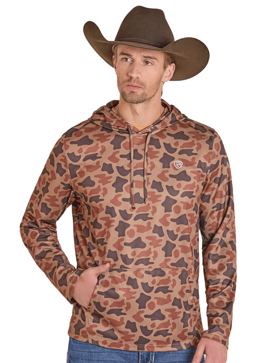 Rock & Roll Denim BM94T07700 Mens Camo Printed Performance Mesh Hoodie Copper front view. If you need any assistance with this item or the purchase of this item please call us at five six one seven four eight eight eight zero one Monday through Saturday 10:00a.m EST to 8:00 p.m EST