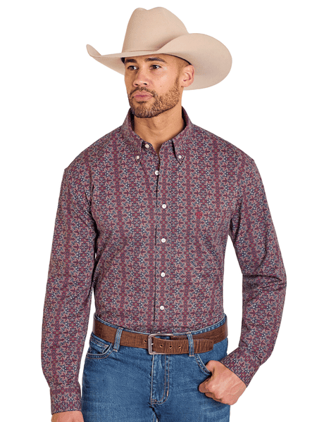 Rock & Roll Denim BMB2S07658 Mens Long Sleeve Boot Stitch Print Shirt Burgundy front view. If you need any assistance with this item or the purchase of this item please call us at five six one seven four eight eight eight zero one Monday through Saturday 10:00a.m EST to 8:00 p.m EST