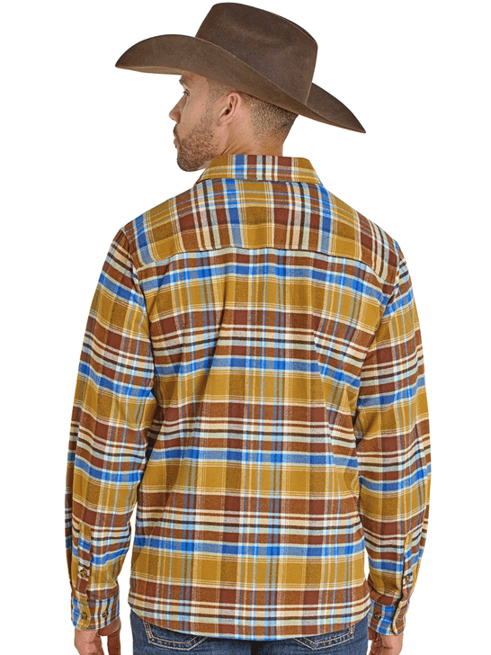 Rock & Roll Denim BMB2S07728 Mens Brushed Twill Plaid Flannel Shirt Gold back view. If you need any assistance with this item or the purchase of this item please call us at five six one seven four eight eight eight zero one Monday through Saturday 10:00a.m EST to 8:00 p.m EST