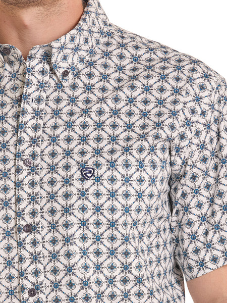 Rock & Roll Denim BMB3S08661 Mens Medallion Print Short Sleeve Shirt Blue front close up. If you need any assistance with this item or the purchase of this item please call us at five six one seven four eight eight eight zero one Monday through Saturday 10:00a.m EST to 8:00 p.m EST