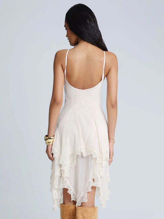 Miss Me BMD0016T-OFFWHT Womens Ester Lace Midi Dress White back view. If you need any assistance with this item or the purchase of this item please call us at five six one seven four eight eight eight zero one Monday through Saturday 10:00a.m EST to 8:00 p.m EST