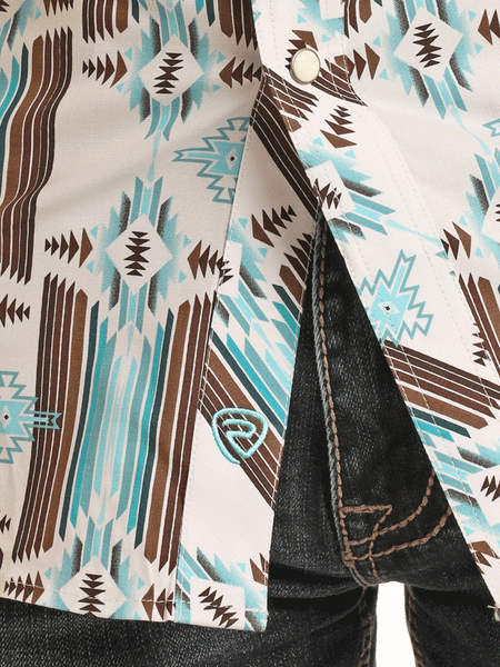 Rock & Roll Denim BMN2S03359 Mens Aztec Print Long Sleeve Snap Shirt Turquoise close up view of fabric. If you need any assistance with this item or the purchase of this item please call us at five six one seven four eight eight eight zero one Monday through Saturday 10:00a.m EST to 8:00 p.m EST