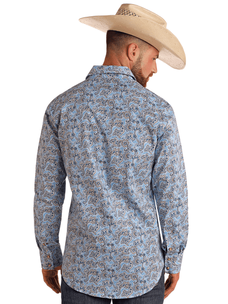 Rock & Roll Denim BMN2S05858 Mens Long Sleeve Paisley Print Snap Shirt Powder Blue back view. If you need any assistance with this item or the purchase of this item please call us at five six one seven four eight eight eight zero one Monday through Saturday 10:00a.m EST to 8:00 p.m EST