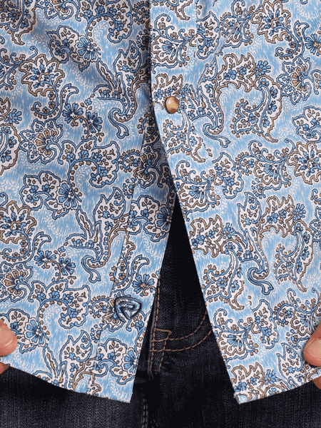 Rock & Roll Denim BMN2S05858 Mens Long Sleeve Paisley Print Snap Shirt Powder Blue close up view. If you need any assistance with this item or the purchase of this item please call us at five six one seven four eight eight eight zero one Monday through Saturday 10:00a.m EST to 8:00 p.m EST