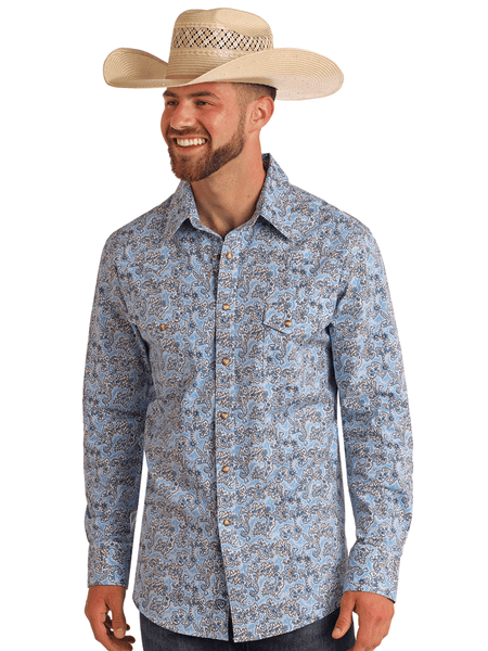 Rock & Roll Denim BMN2S05858 Mens Long Sleeve Paisley Print Snap Shirt Powder Blue front view. If you need any assistance with this item or the purchase of this item please call us at five six one seven four eight eight eight zero one Monday through Saturday 10:00a.m EST to 8:00 p.m EST