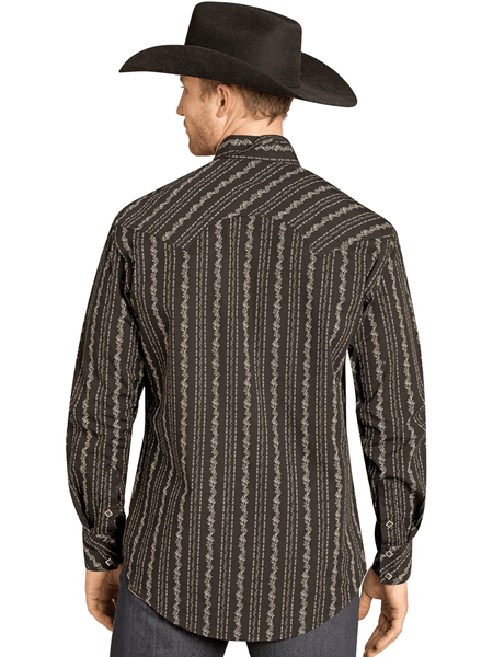 Rock & Roll Denim BMN2S07632 Mens Wallpaper Print Long Sleeve Snap Shirt Black back view. If you need any assistance with this item or the purchase of this item please call us at five six one seven four eight eight eight zero one Monday through Saturday 10:00a.m EST to 8:00 p.m EST